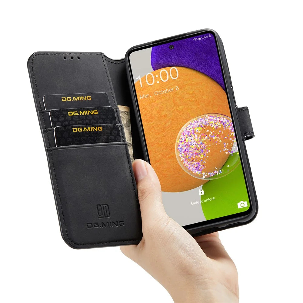 DG.MING Stand Wallet Design Retro Style PU Leather Cover Inner Soft TPU Phone Case for Samsung Galaxy A53 5G - Black - 6