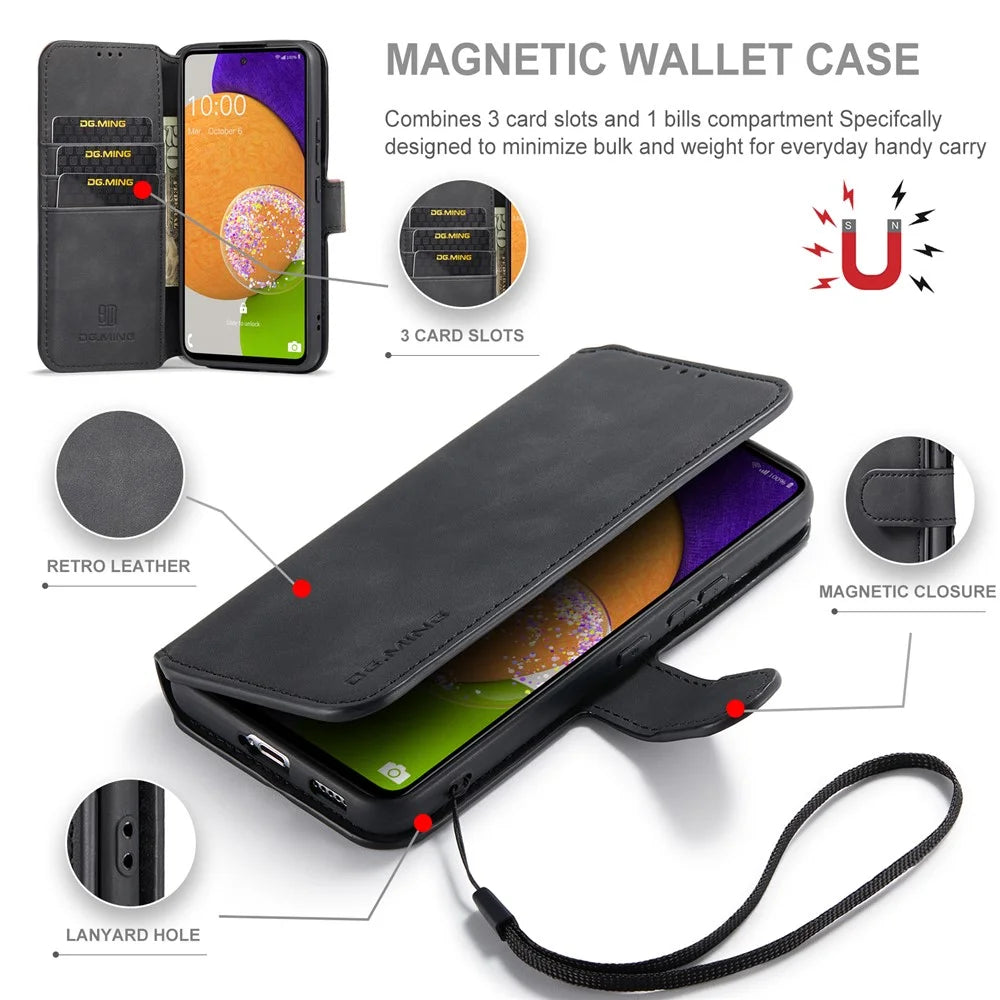 DG.MING Stand Wallet Design Retro Style PU Leather Cover Inner Soft TPU Phone Case for Samsung Galaxy A53 5G - Black - 7