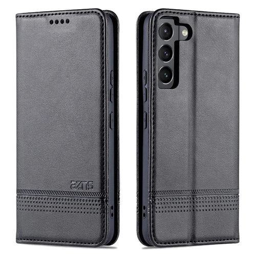 AZNS PU Leather + TPU Magnetic Auto-absorbed Full Protection Cover Stand Wallet Phone Case for Samsung Galaxy S22 5G - Black - 1