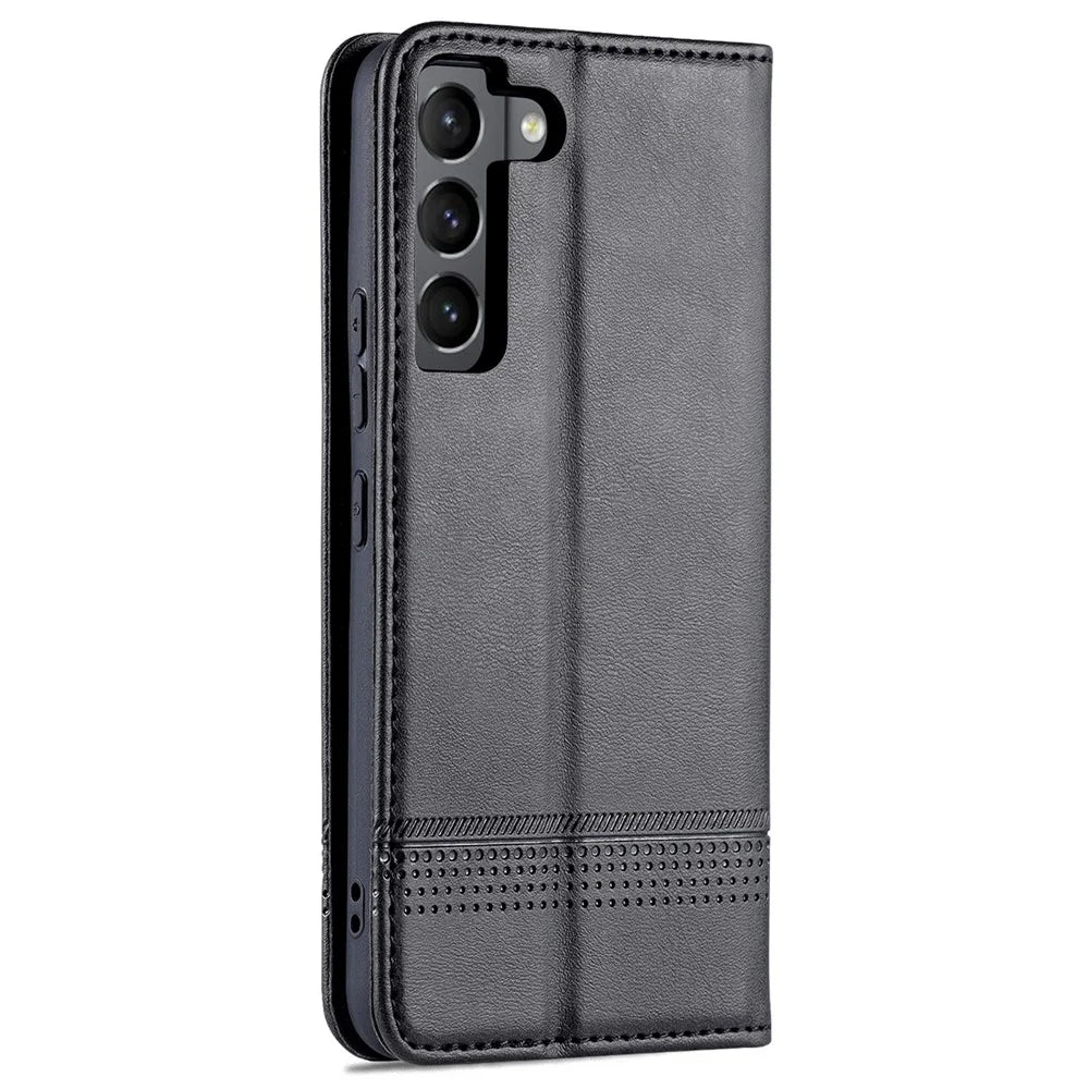 AZNS PU Leather + TPU Magnetic Auto-absorbed Full Protection Cover Stand Wallet Phone Case for Samsung Galaxy S22 5G - Black - 3