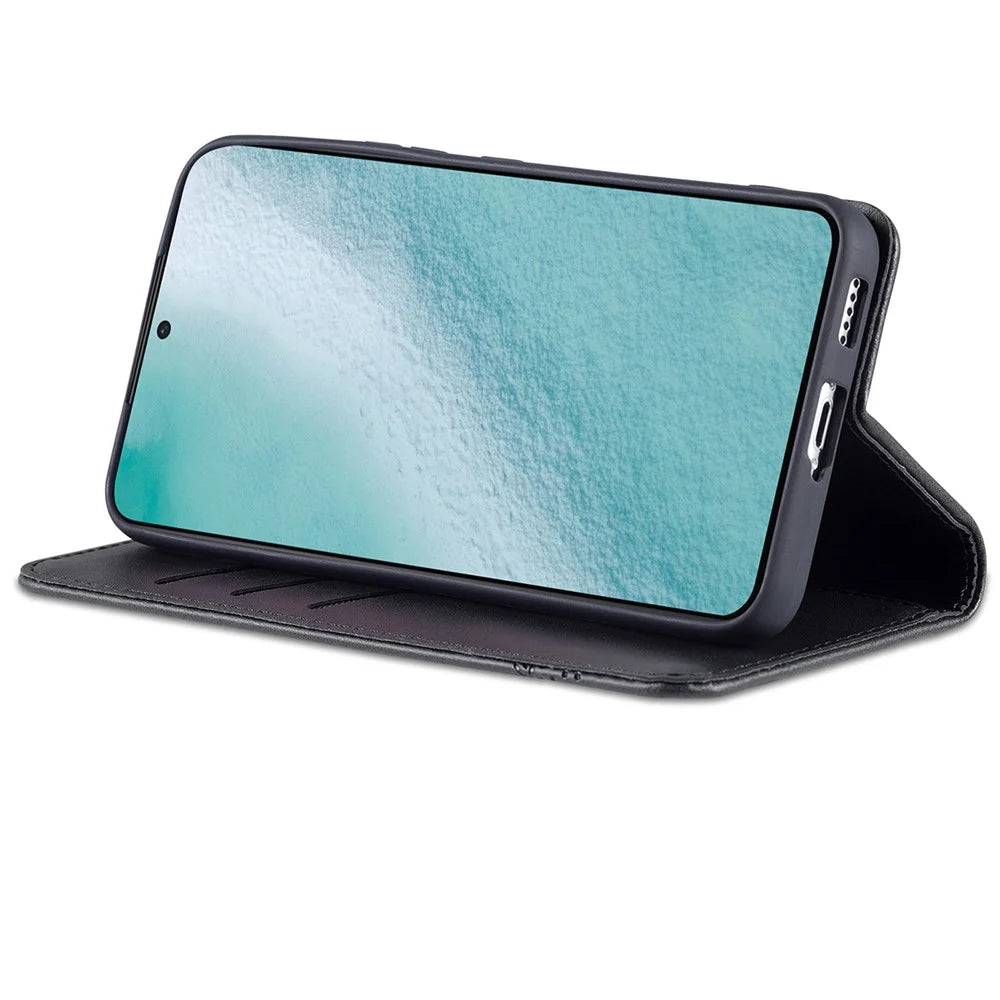 AZNS PU Leather + TPU Magnetic Auto-absorbed Full Protection Cover Stand Wallet Phone Case for Samsung Galaxy S22 5G - Black - 4
