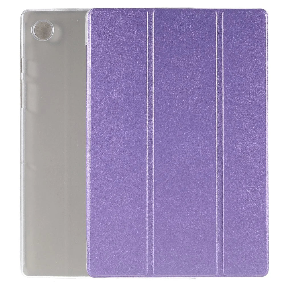For Samsung Galaxy Tab A8 10.5 (2021) / (2022) Silk Texture Anti-scratch Shockproof Leather Tablet Tri-fold Stand Case - Purple - 1