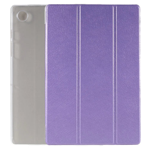 For Samsung Galaxy Tab A8 10.5 (2021) / (2022) Silk Texture Anti-scratch Shockproof Leather Tablet Tri-fold Stand Case - Purple - 1