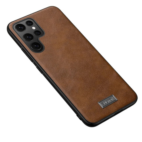 SULADA Fingerprint-proof Smart Phone Cover Drop-proof PU Leather Coated TPU + PC Phone Case for Samsung Galaxy S22 Ultra 5G - Brown - 1