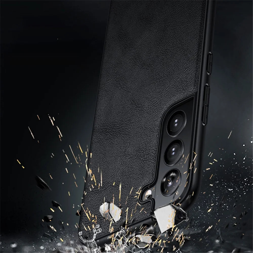 SULADA Drop-proof PU Leather Coated TPU + PC Phone Case Phone Cover for Samsung Galaxy S22 5G - Black - 2