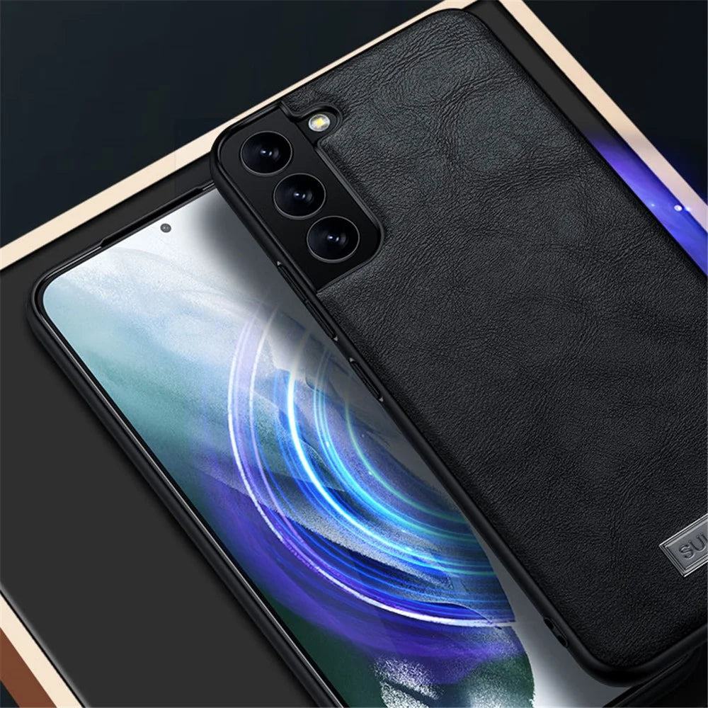 SULADA Drop-proof PU Leather Coated TPU + PC Phone Case Phone Cover for Samsung Galaxy S22 5G - Black - 5