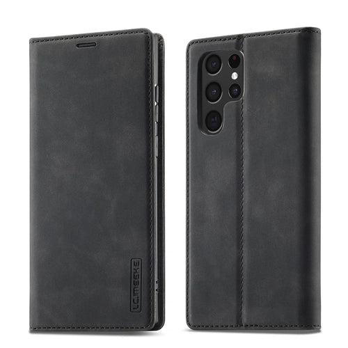 LC.IMEEKE Strong Magnetic Auto-closing PU Leather + TPU Stand Wallet Phone Case Phone Shell for Samsung Galaxy S22 Ultra 5G - Black - 1