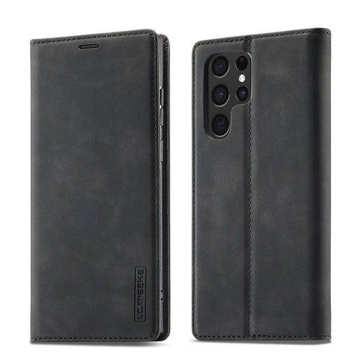 LC.IMEEKE Strong Magnetic Auto-closing PU Leather + TPU Stand Wallet Phone Case Phone Shell for Samsung Galaxy S22 Ultra 5G - Black - 1