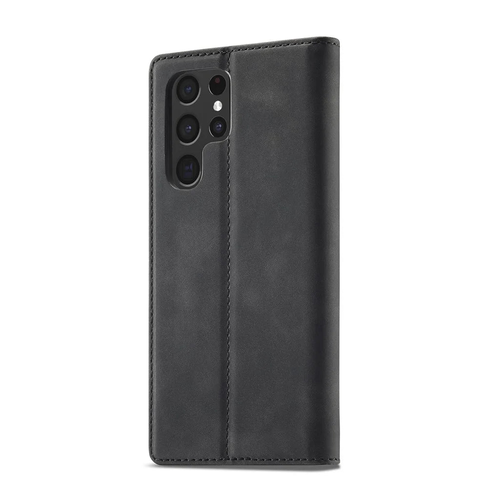 LC.IMEEKE Strong Magnetic Auto-closing PU Leather + TPU Stand Wallet Phone Case Phone Shell for Samsung Galaxy S22 Ultra 5G - Black - 2