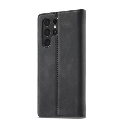 LC.IMEEKE Strong Magnetic Auto-closing PU Leather + TPU Stand Wallet Phone Case Phone Shell for Samsung Galaxy S22 Ultra 5G - Black - 2