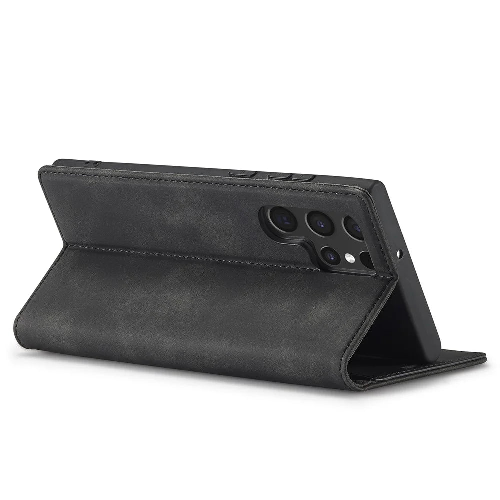 LC.IMEEKE Strong Magnetic Auto-closing PU Leather + TPU Stand Wallet Phone Case Phone Shell for Samsung Galaxy S22 Ultra 5G - Black - 4