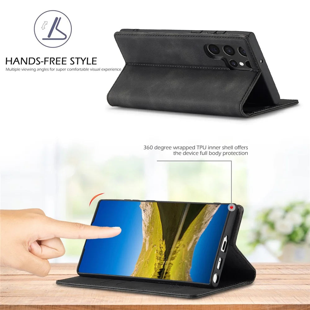 LC.IMEEKE Strong Magnetic Auto-closing PU Leather + TPU Stand Wallet Phone Case Phone Shell for Samsung Galaxy S22 Ultra 5G - Black - 6