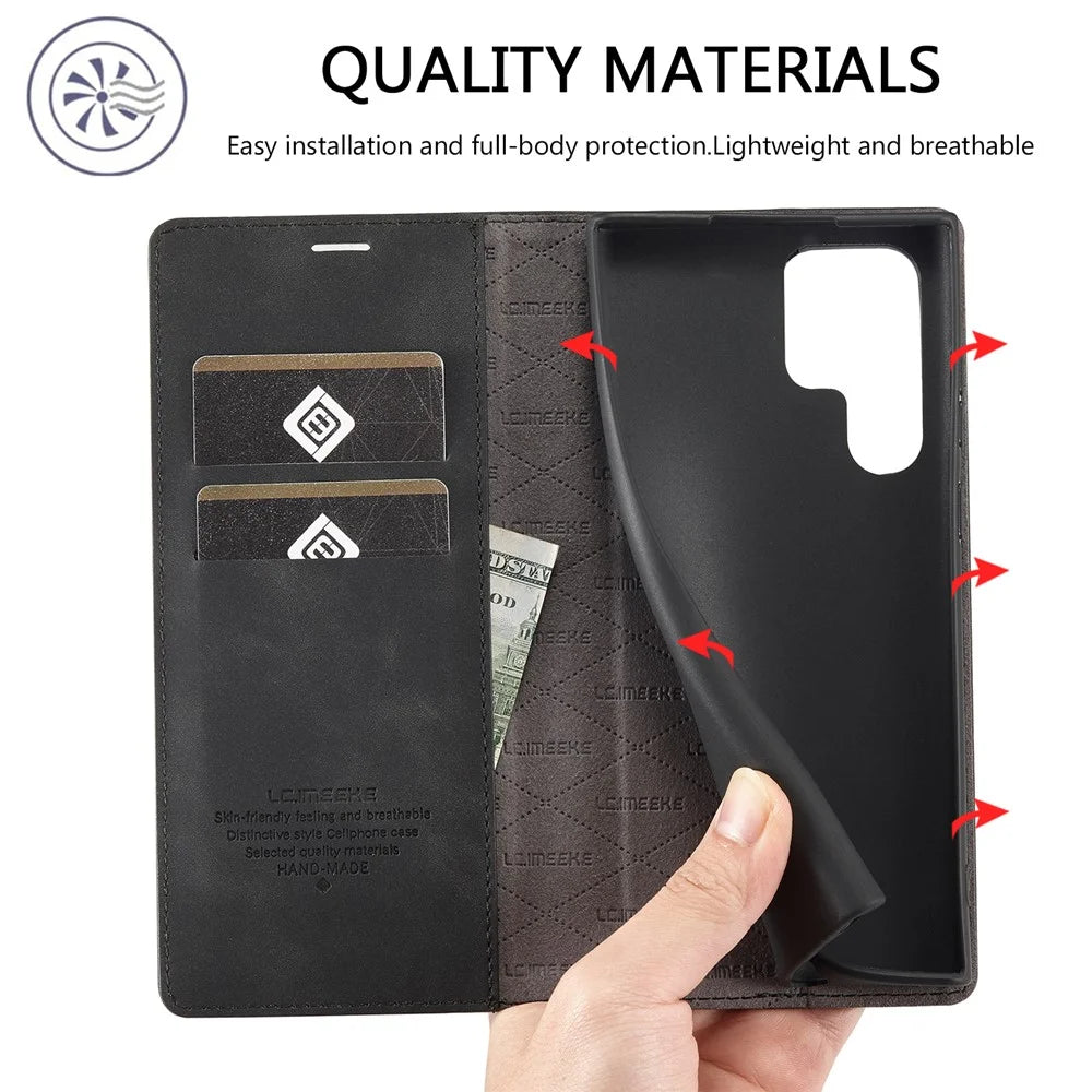 LC.IMEEKE Strong Magnetic Auto-closing PU Leather + TPU Stand Wallet Phone Case Phone Shell for Samsung Galaxy S22 Ultra 5G - Black - 7