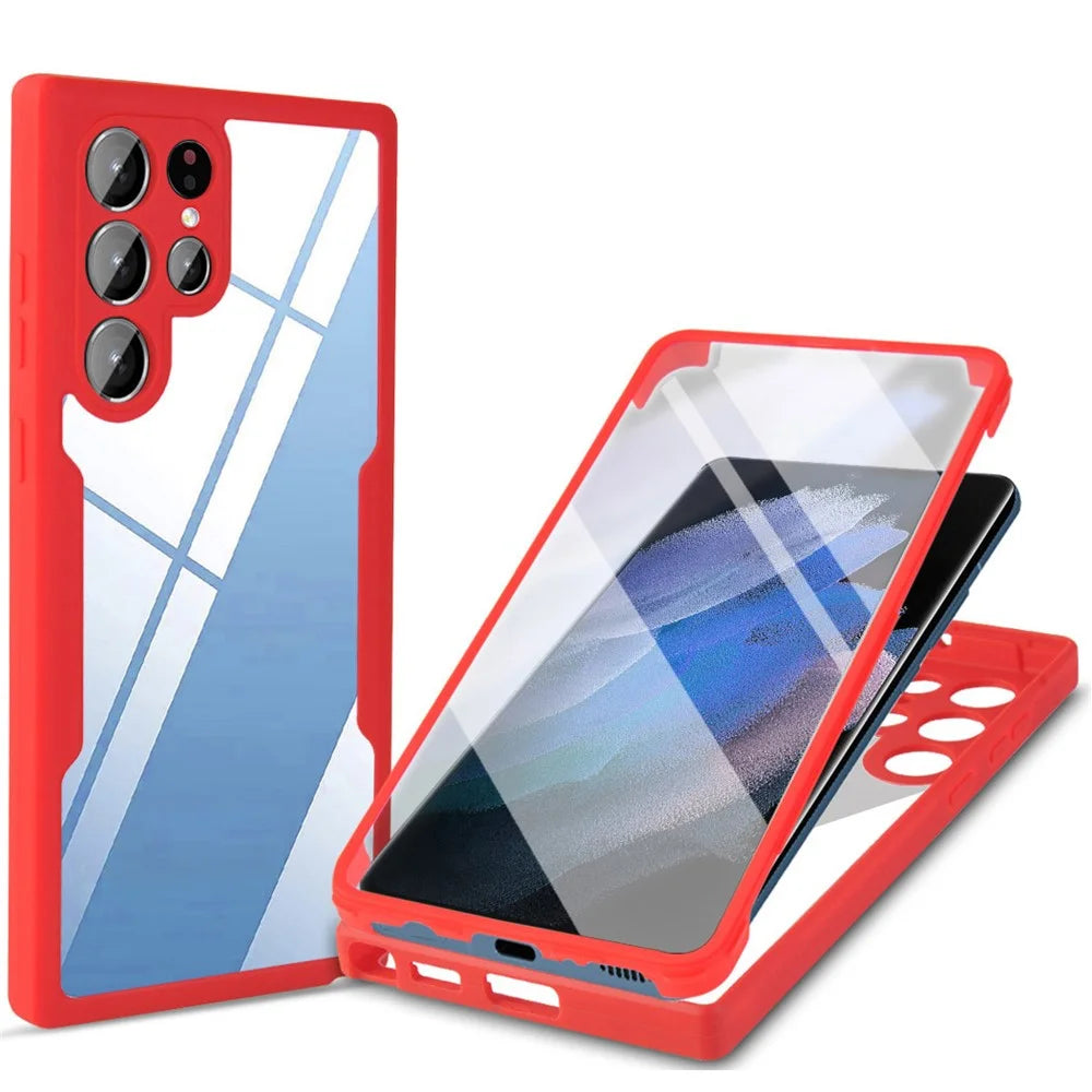 Camera Lens Protection PET Screen Film + Acrylic + TPU Mobile Phone Case for Samsung Galaxy S22 Ultra 5G - Red - 1