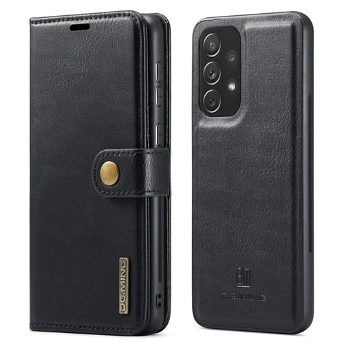 DG.MING Split Leather Wallet Phone Case Folio Flip Magnetic Detachable Stand Cover for Samsung Galaxy A73 5G - Black - 1