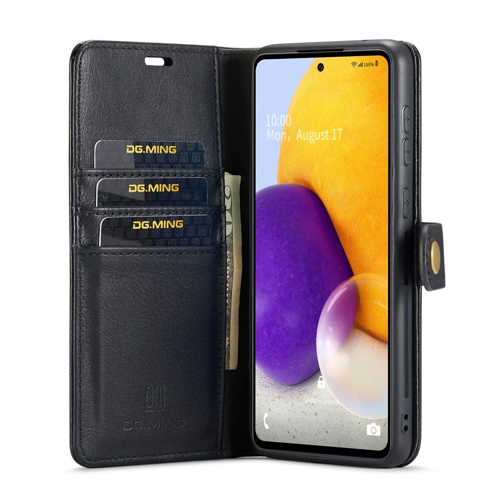 DG.MING Split Leather Wallet Phone Case Folio Flip Magnetic Detachable Stand Cover for Samsung Galaxy A73 5G - Black - 5