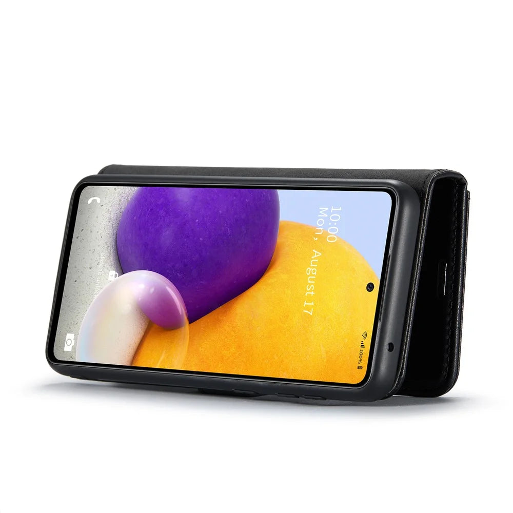 DG.MING Split Leather Wallet Phone Case Folio Flip Magnetic Detachable Stand Cover for Samsung Galaxy A73 5G - Black - 6