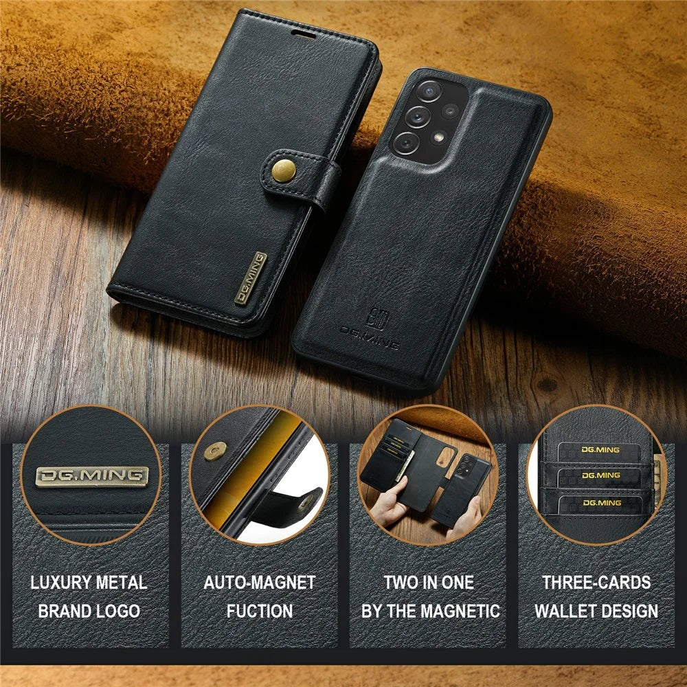 DG.MING Split Leather Wallet Phone Case Folio Flip Magnetic Detachable Stand Cover for Samsung Galaxy A73 5G - Black - 7