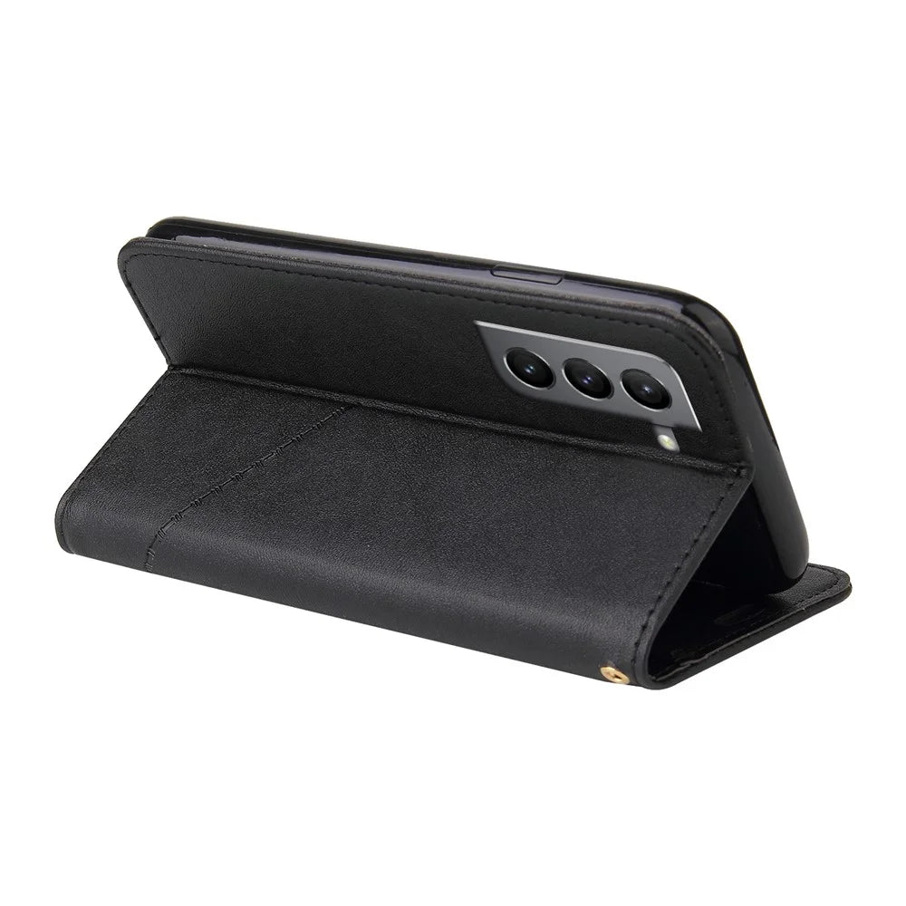 GQ.UTROBE Wallet Stand Design Anti-drop Protection PU Leather + TPU Cover with Rectangular Metal Decor for Samsung Galaxy S22 5G - Black - 5