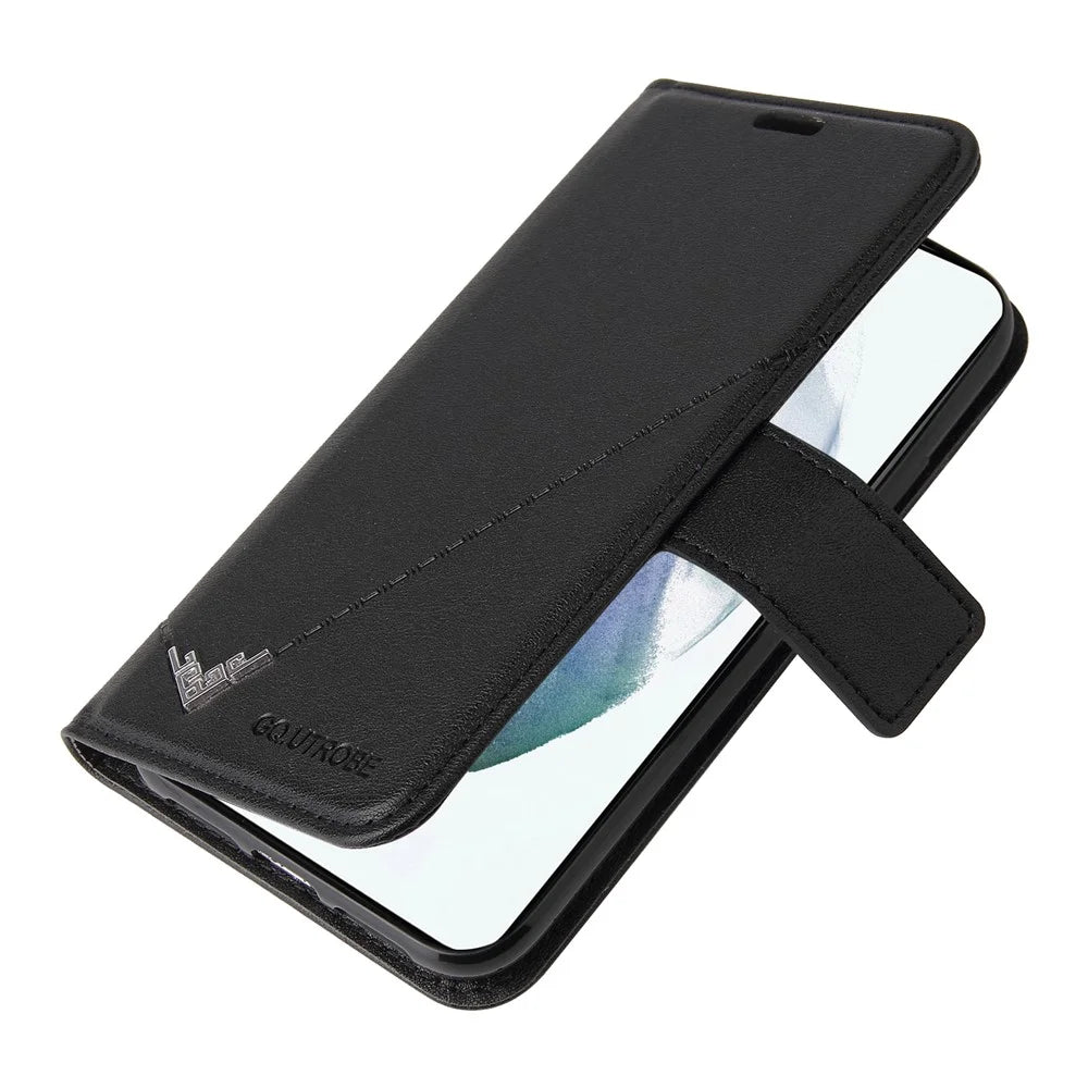 GQ.UTROBE Wallet Stand Design Anti-drop Protection PU Leather + TPU Cover with Rectangular Metal Decor for Samsung Galaxy S22 5G - Black - 6