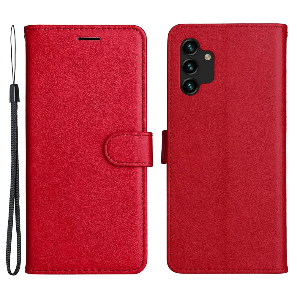 For Samsung Galaxy A13 4G Note 11 Pro+ 5G Case Solid Color Leather Mobile Cover Wallet Stand with Strap - Red - 1