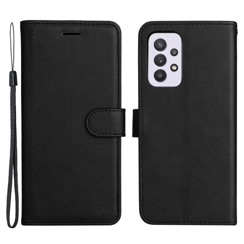 For Samsung Galaxy A33 5G Case Solid Color Leather Mobile Cover Wallet Stand with Strap - Black - 1