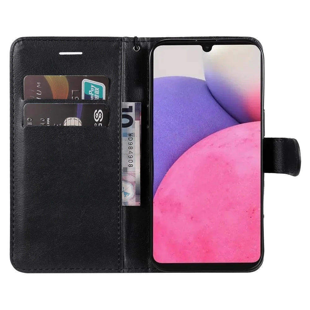 For Samsung Galaxy A33 5G Case Solid Color Leather Mobile Cover Wallet Stand with Strap - Black - 4