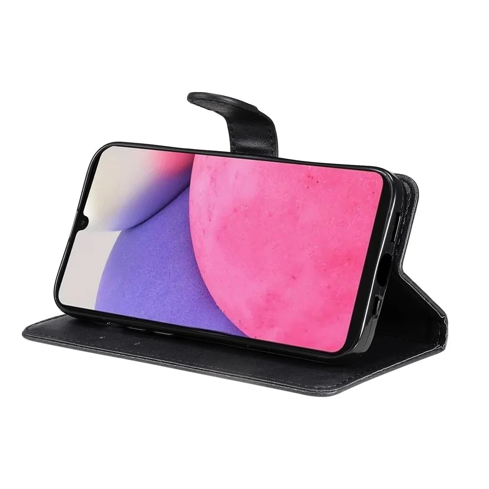 For Samsung Galaxy A33 5G Case Solid Color Leather Mobile Cover Wallet Stand with Strap - Black - 5