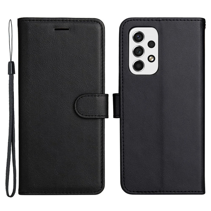 For Samsung Galaxy A53 5G Case Solid Color Leather Mobile Cover Wallet Stand with Strap - Black - 1
