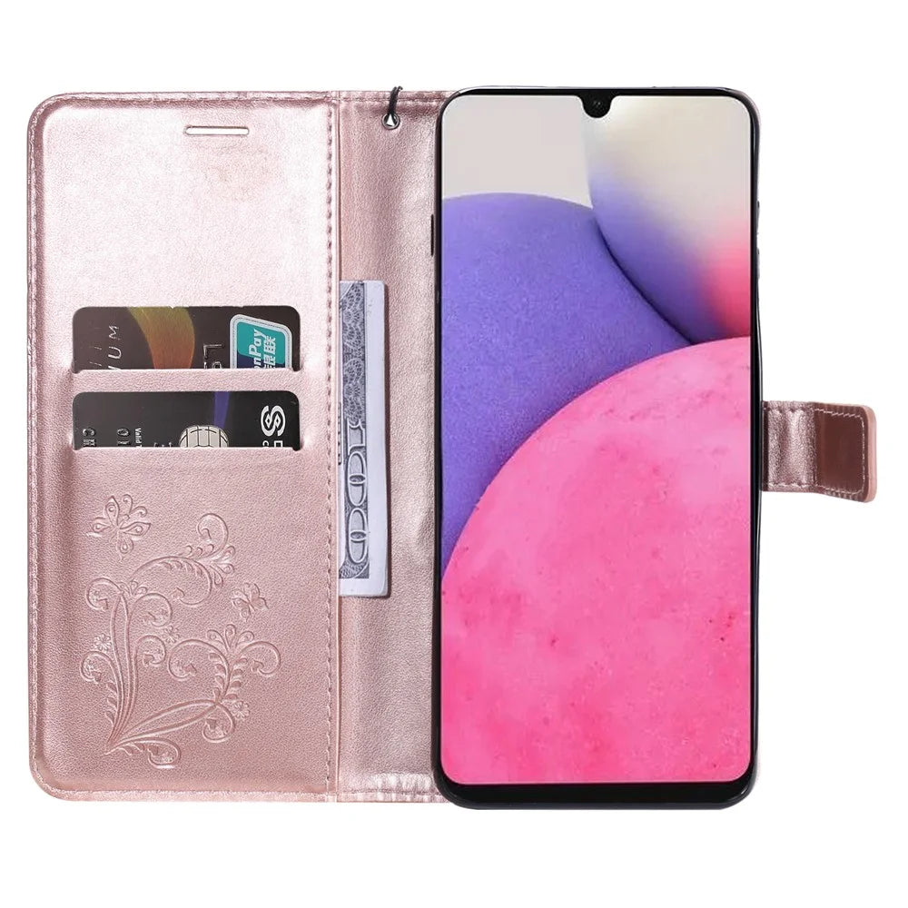 For Samsung Galaxy A33 5G Wallet Case Floral Butterfly Imprinted Leather Phone Cover Stand - Rose Gold - 4