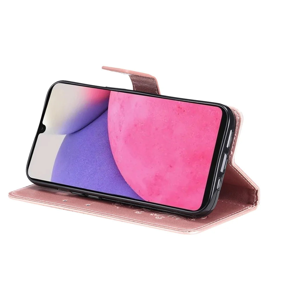 For Samsung Galaxy A33 5G Wallet Case Floral Butterfly Imprinted Leather Phone Cover Stand - Rose Gold - 5