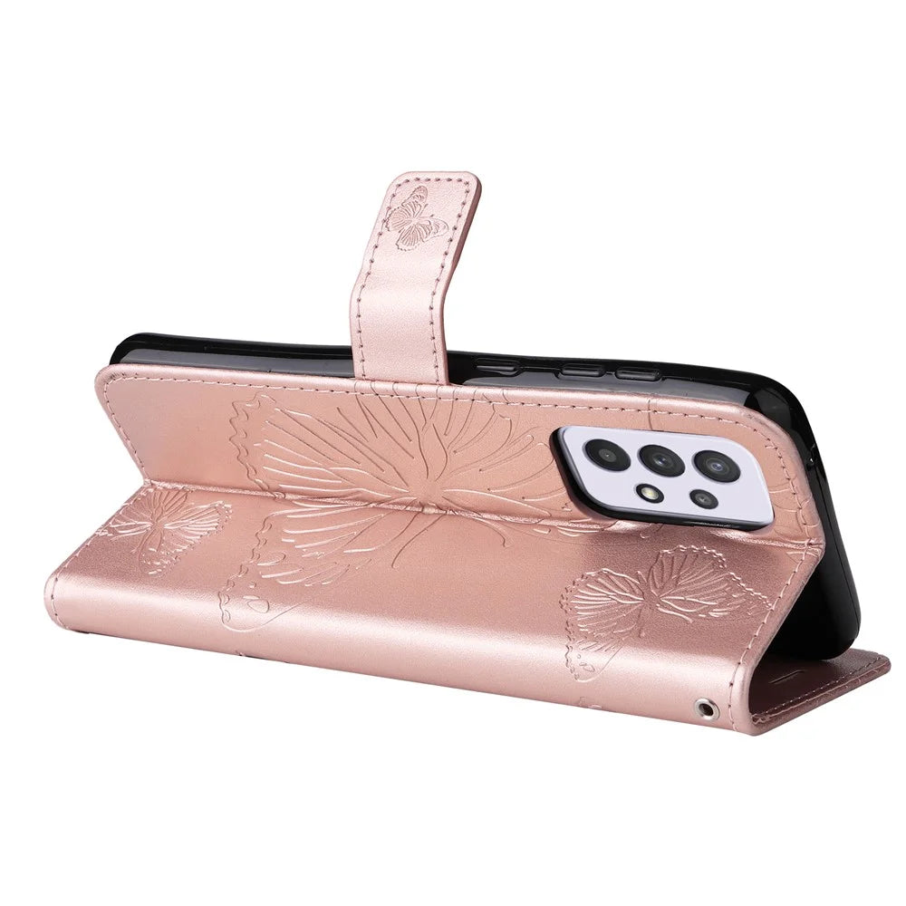 For Samsung Galaxy A33 5G Wallet Case Floral Butterfly Imprinted Leather Phone Cover Stand - Rose Gold - 6