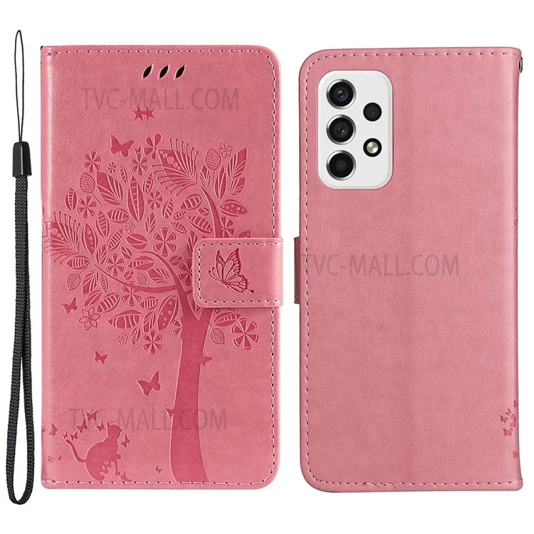 Wallet Design KT Imprinting Flower Series-3 Cat Tree Pattern Imprinted PU Leather Case Stand Magnetic Flip Shockproof Cover with Strap for Samsung Galaxy A53 5G - Pink - 1