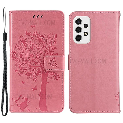 Wallet Design KT Imprinting Flower Series-3 Cat Tree Pattern Imprinted PU Leather Case Stand Magnetic Flip Shockproof Cover with Strap for Samsung Galaxy A53 5G - Pink - 1