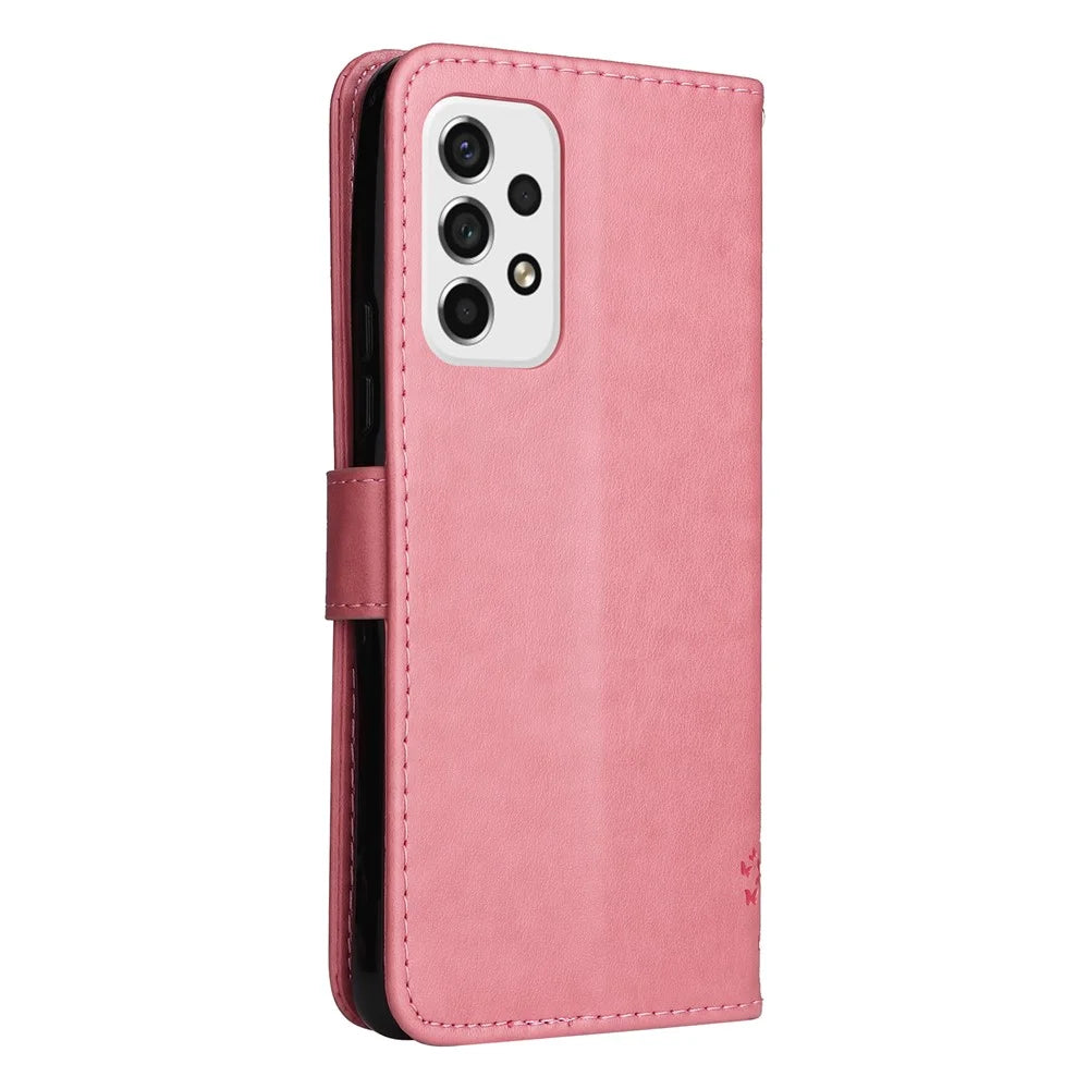 Wallet Design KT Imprinting Flower Series-3 Cat Tree Pattern Imprinted PU Leather Case Stand Magnetic Flip Shockproof Cover with Strap for Samsung Galaxy A53 5G - Pink - 3