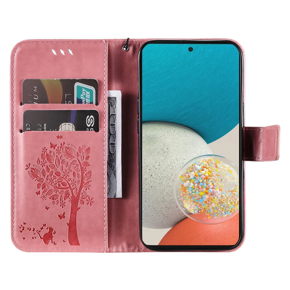 Wallet Design KT Imprinting Flower Series-3 Cat Tree Pattern Imprinted PU Leather Case Stand Magnetic Flip Shockproof Cover with Strap for Samsung Galaxy A53 5G - Pink - 4