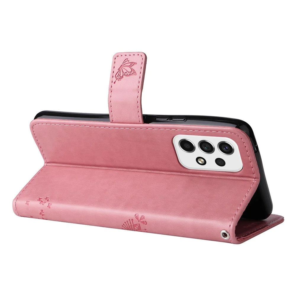 Wallet Design KT Imprinting Flower Series-3 Cat Tree Pattern Imprinted PU Leather Case Stand Magnetic Flip Shockproof Cover with Strap for Samsung Galaxy A53 5G - Pink - 5