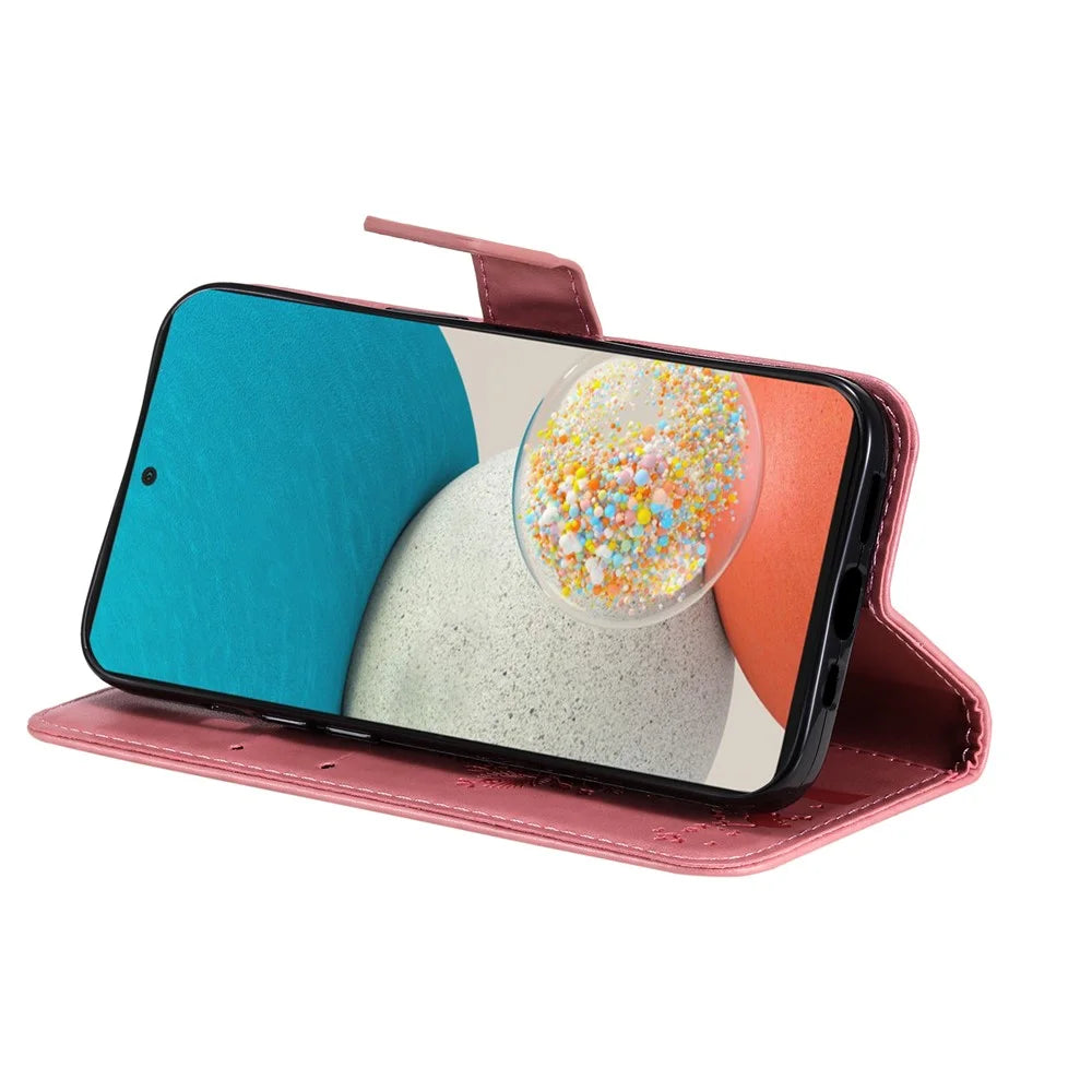 Wallet Design KT Imprinting Flower Series-3 Cat Tree Pattern Imprinted PU Leather Case Stand Magnetic Flip Shockproof Cover with Strap for Samsung Galaxy A53 5G - Pink - 6