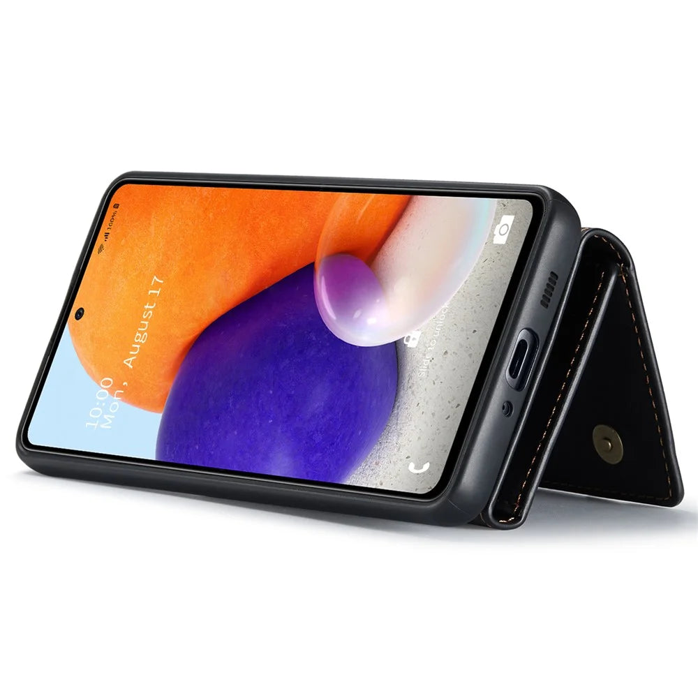 DG.MING M1 Series Phone Case PU + TPU + PC Back Cover with Magnetic Tri-Fold Wallet Kickstand for Samsung Galaxy A73 5G - Black - 5