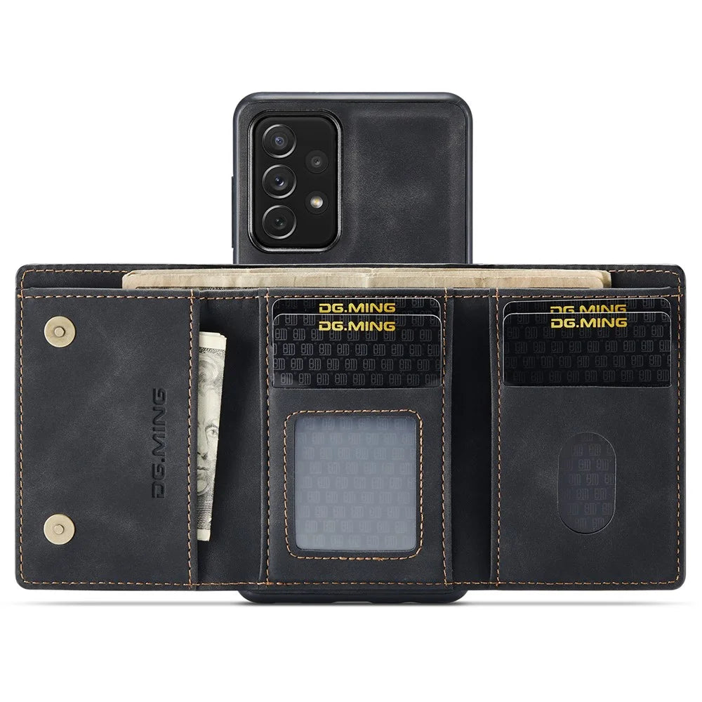 DG.MING M1 Series Phone Case PU + TPU + PC Back Cover with Magnetic Tri-Fold Wallet Kickstand for Samsung Galaxy A73 5G - Black - 6