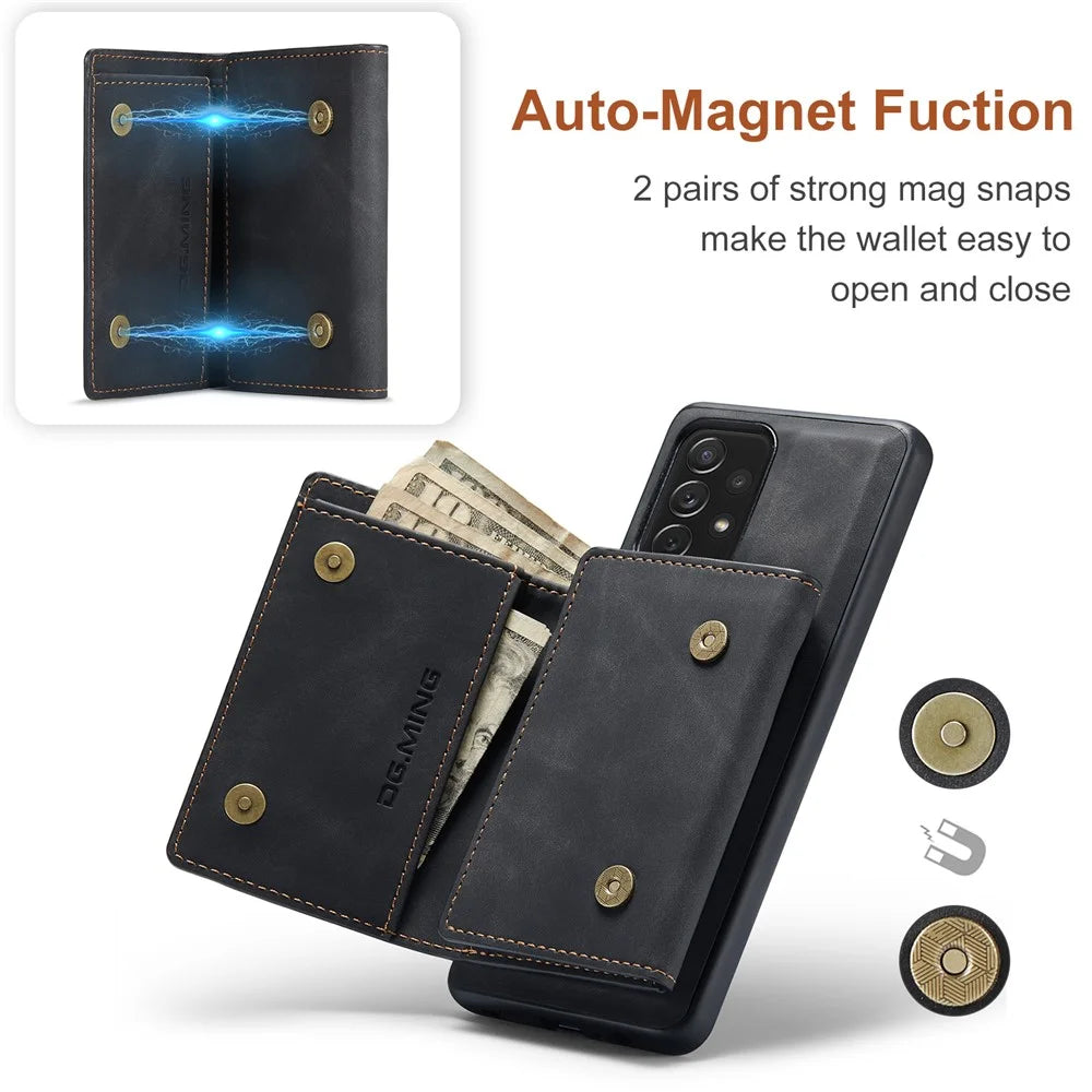 DG.MING M1 Series Phone Case PU + TPU + PC Back Cover with Magnetic Tri-Fold Wallet Kickstand for Samsung Galaxy A73 5G - Black - 7