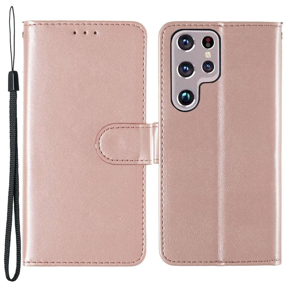 Solid Color Shockproof Magnetic Closure Flip Leather Protective Wallet Shell Stand Case for Samsung Galaxy S22 Ultra 5G - Rose Gold - 1