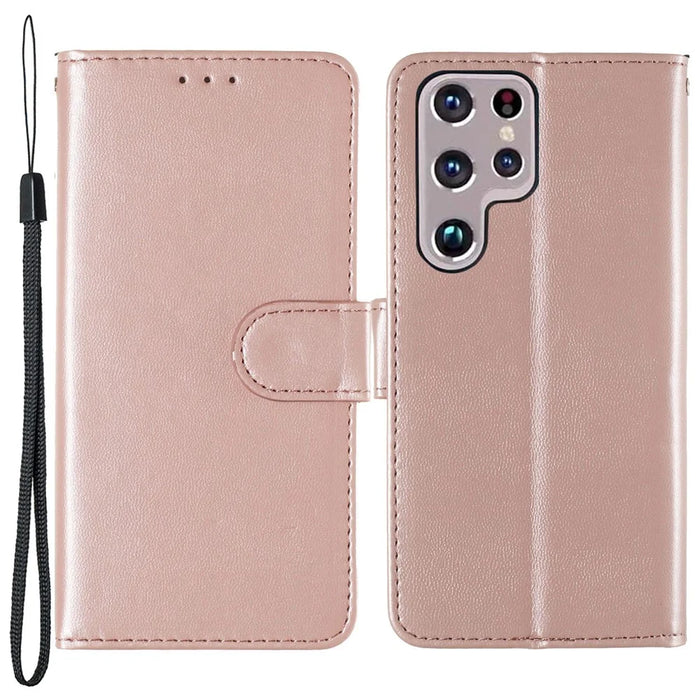 Solid Color Shockproof Magnetic Closure Flip Leather Protective Wallet Shell Stand Case for Samsung Galaxy S22 Ultra 5G - Rose Gold - 1