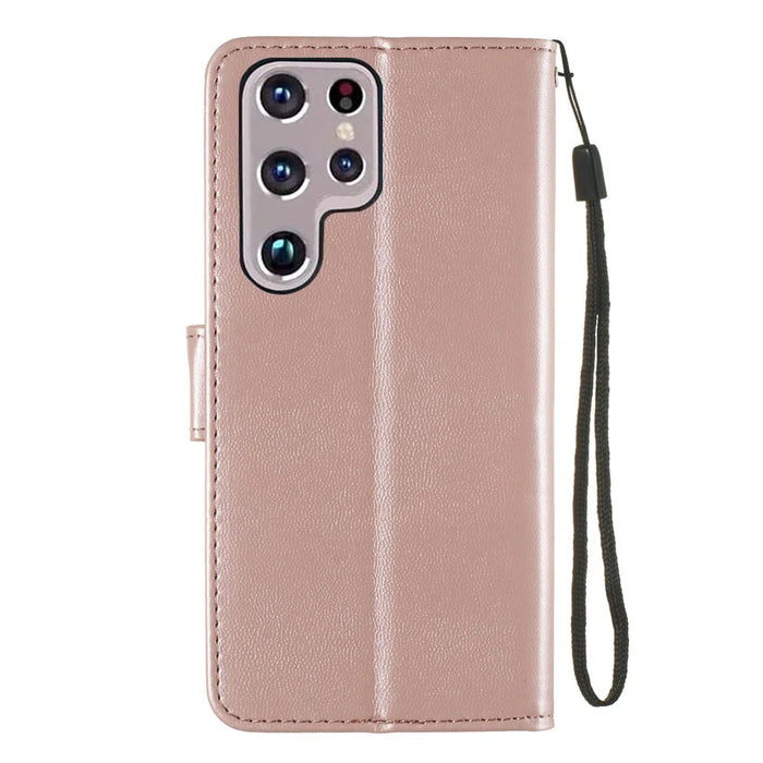 Solid Color Shockproof Magnetic Closure Flip Leather Protective Wallet Shell Stand Case for Samsung Galaxy S22 Ultra 5G - Rose Gold - 3