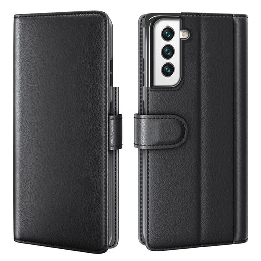 Fall Prevention Magnetic Closure Genuine Split Leather Phone Case Stand TPU Wallet Flip Cover for Samsung Galaxy S22+ 5G - Black - 1