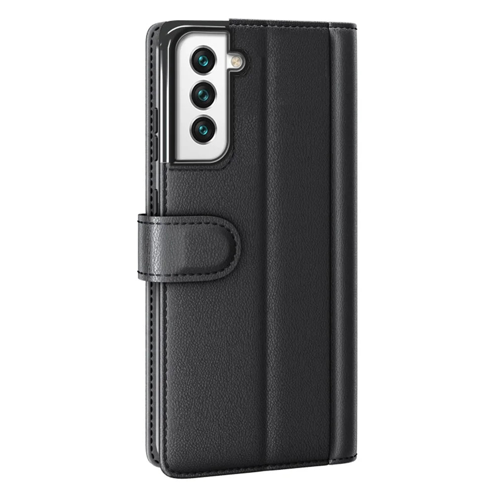 Fall Prevention Magnetic Closure Genuine Split Leather Phone Case Stand TPU Wallet Flip Cover for Samsung Galaxy S22+ 5G - Black - 3
