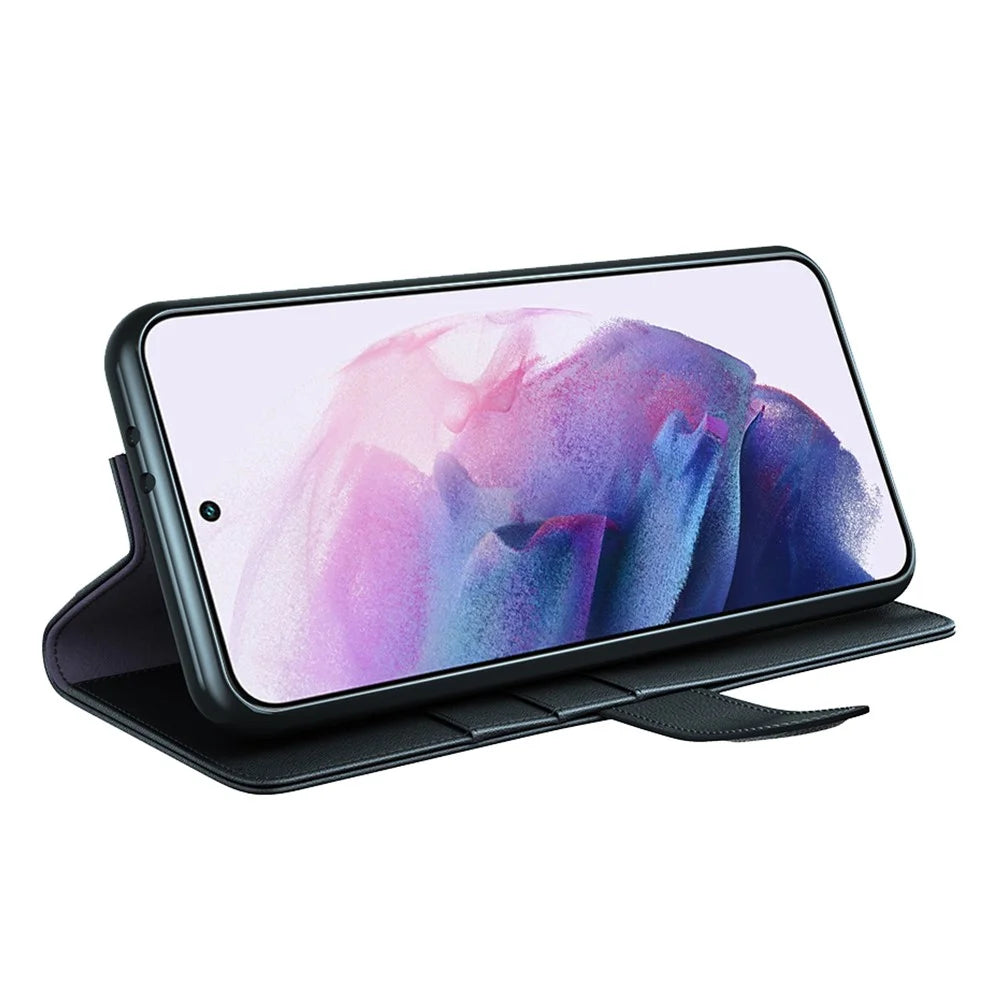 Fall Prevention Magnetic Closure Genuine Split Leather Phone Case Stand TPU Wallet Flip Cover for Samsung Galaxy S22+ 5G - Black - 5