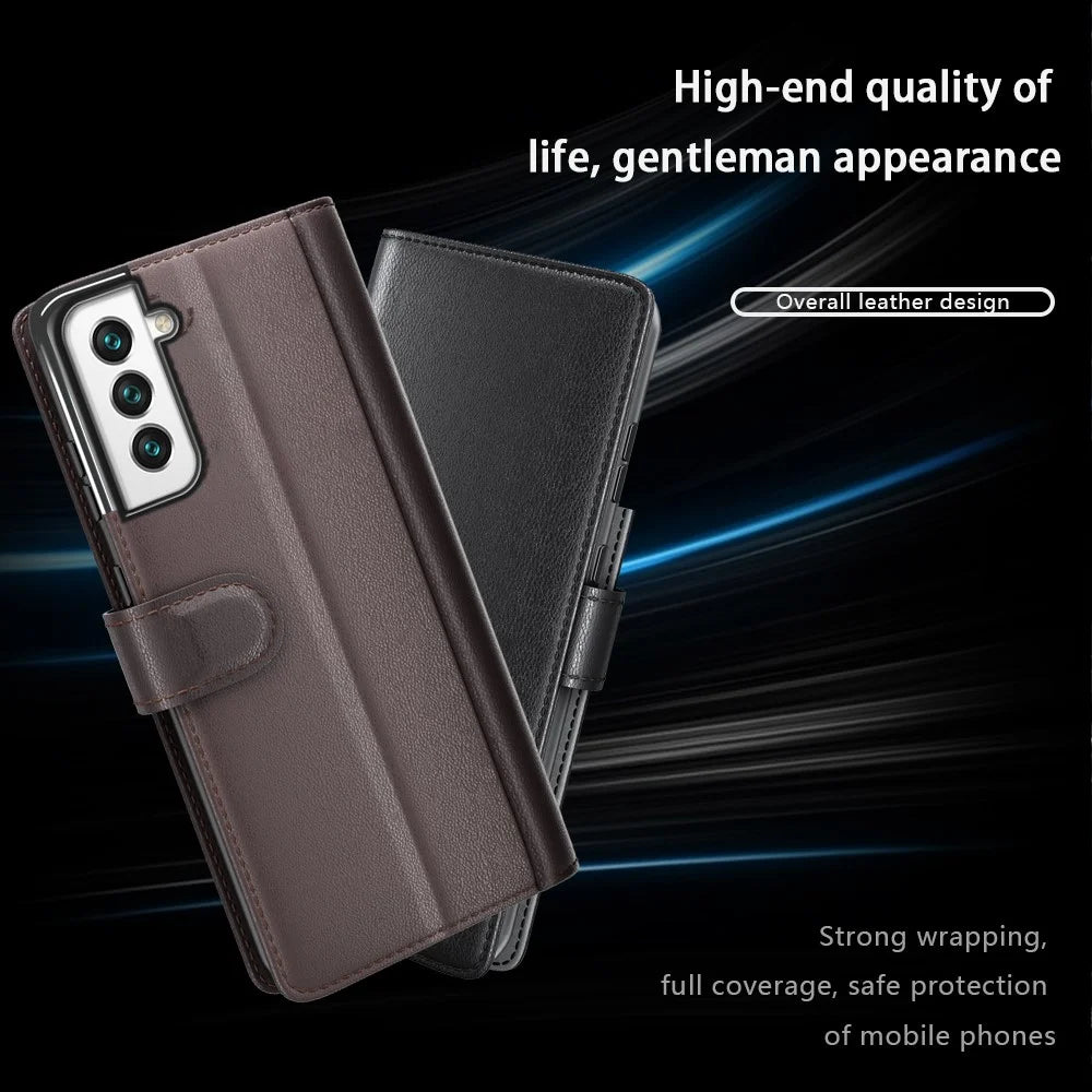Fall Prevention Magnetic Closure Genuine Split Leather Phone Case Stand TPU Wallet Flip Cover for Samsung Galaxy S22+ 5G - Black - 6