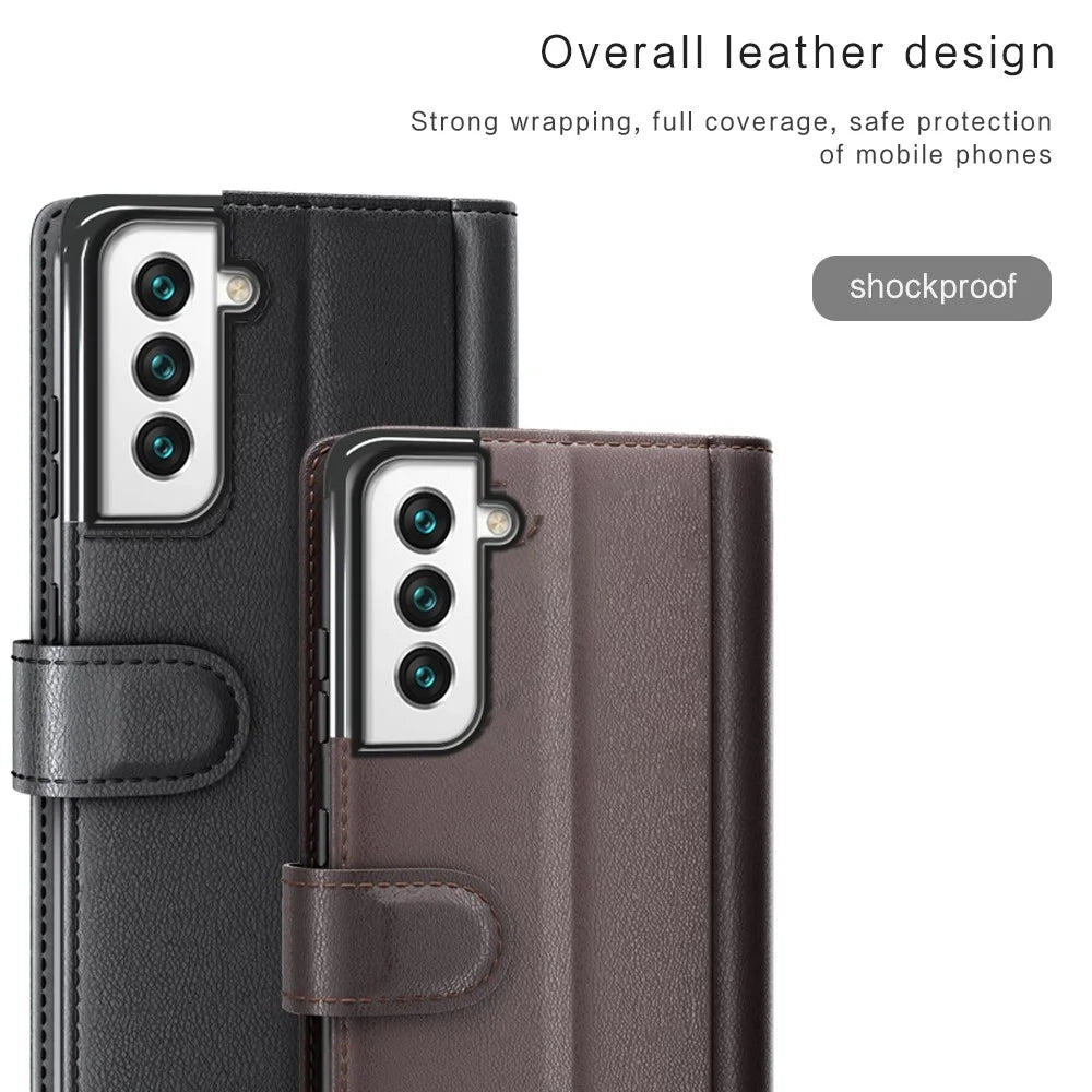 Fall Prevention Magnetic Closure Genuine Split Leather Phone Case Stand TPU Wallet Flip Cover for Samsung Galaxy S22+ 5G - Black - 7