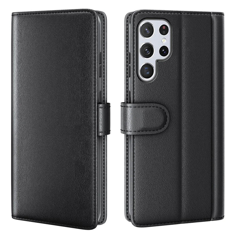 Overall Wrapped Genuine Split Leather Phone Case Stand TPU Wallet Flip Cover for Samsung Galaxy S22 Ultra 5G - Black - 1